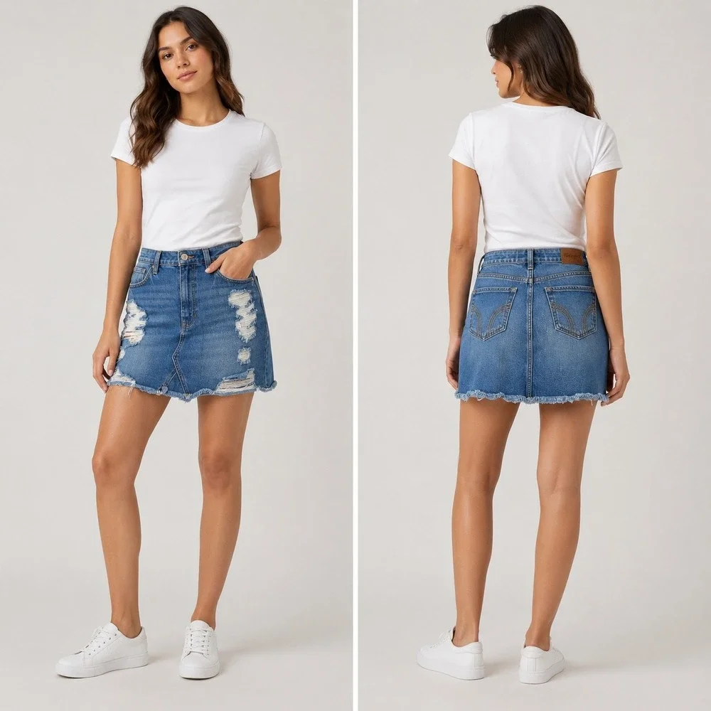 Hollister High‎ Rise Distressed Denim Mini Skirt Blue Size 5 W27